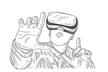 VR kulaklık takan el çizen adam. 