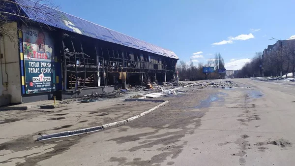 Lysychansk Ukraine March 2022 Burnt Destroyed Supermarket Russian Army Artillery — стоковое фото