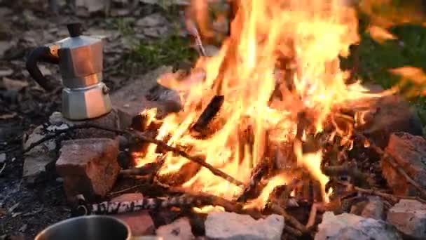 Dağlardaki turist kampında şenlik ateşi yanıyor. Güzel kamp ateşi, yaz akşamları yanan odun. Aktif yaşam tarzı, seyahat, yürüyüş ve kamp konsepti. Kamp ateşi ağır çekimde yanıyor. — Stok video
