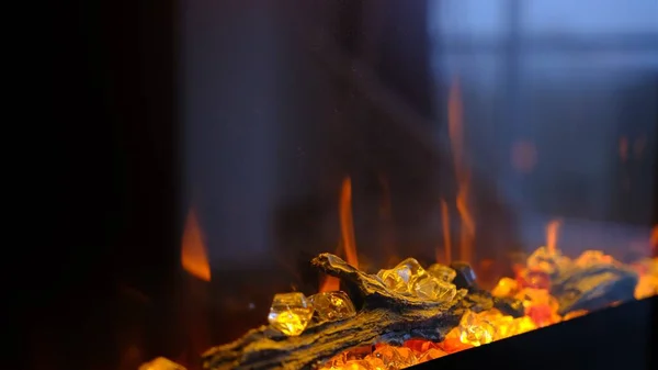 Side View Electric Fireplace Artificial Sparkling Flame Decor Interior Blue — Zdjęcie stockowe