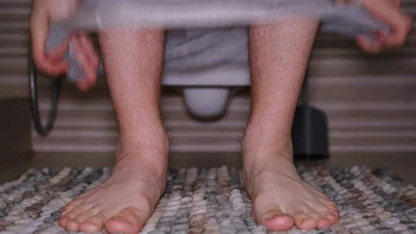 Man Sitting Toilet Diarrhea Concept Hairy Legs Man Grey Underwear — Stock Photo, Image