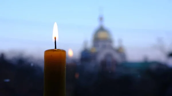 Burning Candle Wit Blured Church Background Stained Glass Windows Location — Stock Photo, Image