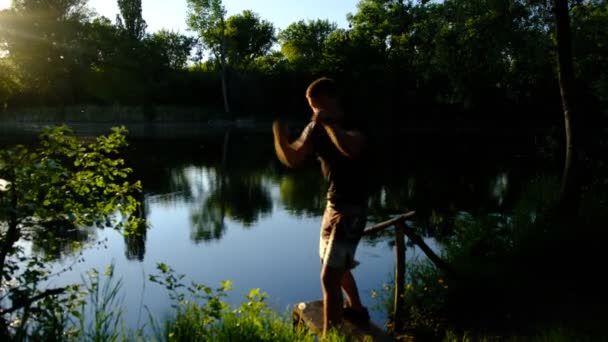 Silhouette Young Man Boxer Boy Boxing Shadow Exercising Sunset Outdoor — Stock Video