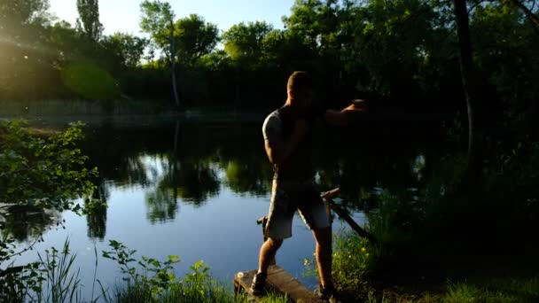 Silhouette Young Man Boxer Boy Boxing Shadow Exercising Sunset Outdoor — Stock Video