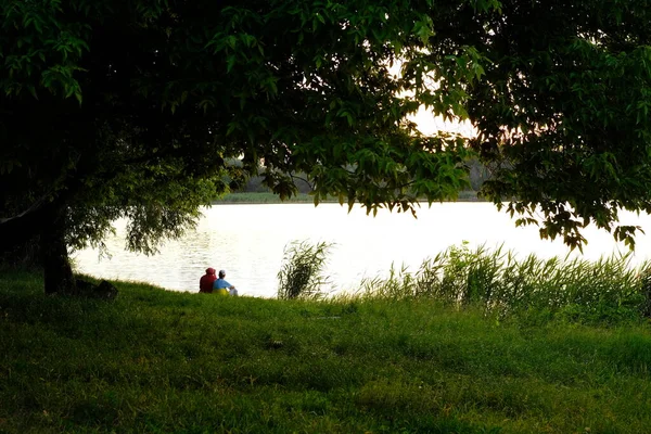 Heureux Couple Âgé Assis Été Près Lac Pendant Coucher Soleil — Photo
