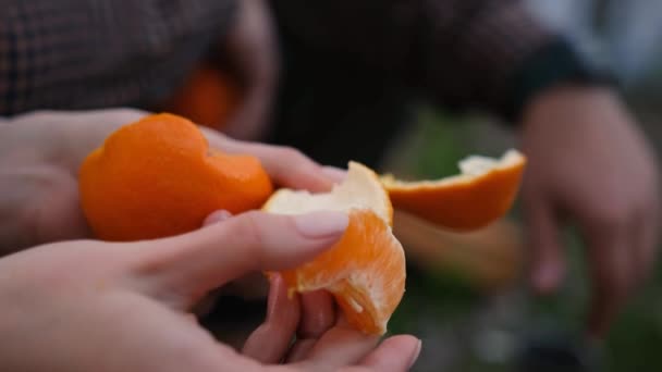 Slow Motion Woman Hand Peeling Ripe Sweet Tangerine Close Fireplace — Vídeos de Stock