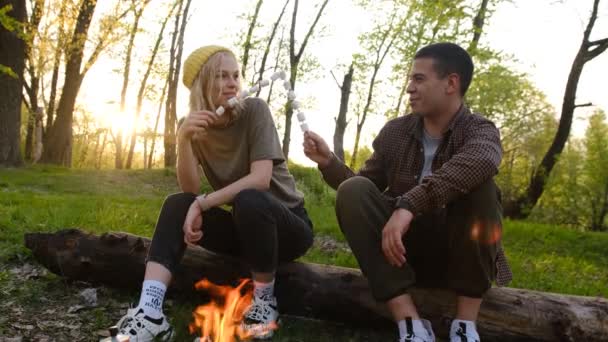 Slow Motion Camping Picnic Concept Romantic Couple Frying Marshmallow Fire — Vídeo de Stock