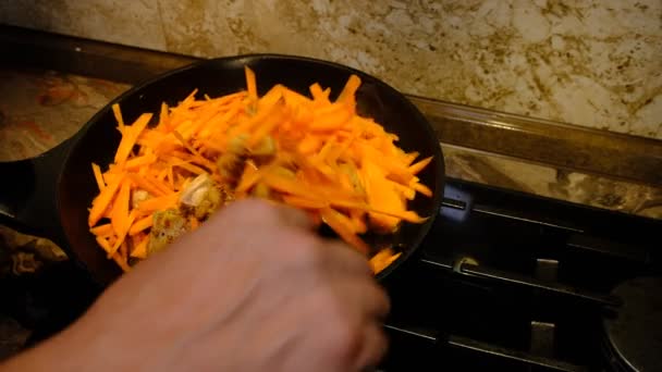 Homemade Korean Spicy Chiken Dish Frying Chiken Carrot Pan Sunflower — стоковое видео