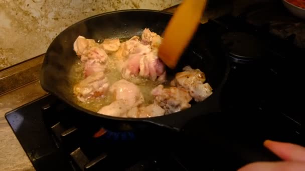 Delicious Chicken Frying Pan Mixing Wooden Oar — стоковое видео