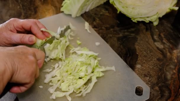 Old Women Hands Knife Cut Cabbage Cutting Board — Vídeos de Stock