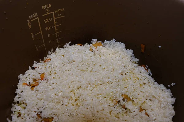 Reis Mit Fleisch Und Gemüse Schnellkochtopf Schritt Für Schritt Zubereiten Stockbild