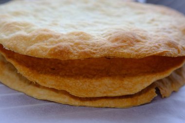 Fresh Puff Cakes for Napoleon Cake Puff pastry for dessert Milfey. French pastries. Napoleon cake layers.