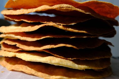 Fresh Puff Cakes for Napoleon Cake Puff pastry for dessert Milfey. French pastries. Napoleon cake layers.