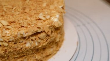 Classic Russian cake Napoleon. selective focus, moving camera right.