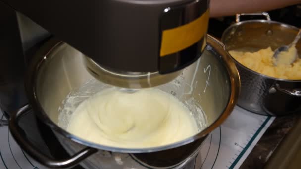 Male Hands Add Ingredient Cream Baking Bowl Food Processor Crash — Video Stock
