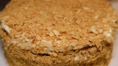 Classic Russian cake Napoleon. selective focus, moving camera down