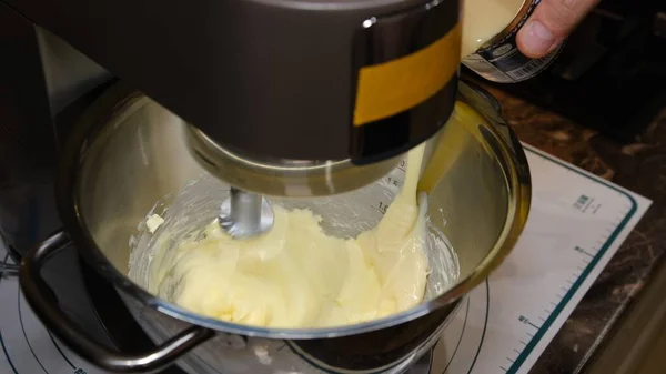 Male Hands Add Ingredient Condensed Milk Baking Bowl Food Processor — Photo