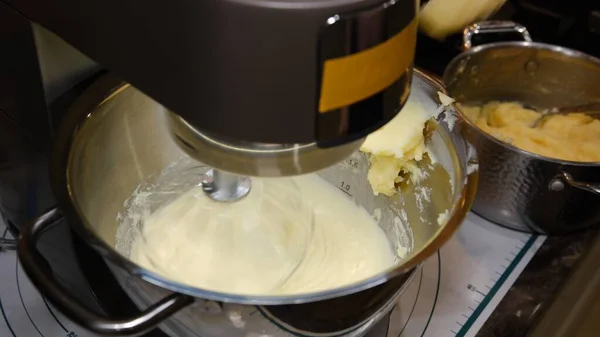 Male Hands Add Ingredient Cream Baking Bowl Food Processor — Photo
