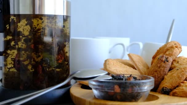 Close Brewing Black Tea Macro Shot Tea Leaves Floating Boiling — Stock Video