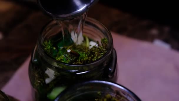 Pouring Hot Water Dill Cucumbers Steeping — Video Stock