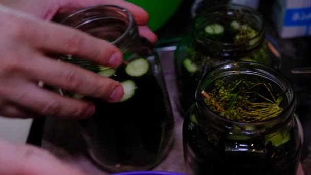 Pouring Cucumber Glass Bank Dill Steeping — Stockvideo