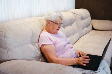 Yetişkin bir kadın iş eğitimini izliyor. Bilgisayarda uzaktan kumandalı bilgisayar kullanıyor ya da evden sosyal mesafe öğreniyor. 60 'ların iş kadını video konferansı Sanal sohbet için arıyor.