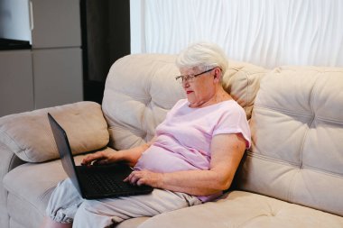 Yetişkin bir kadın iş eğitimini izliyor. Bilgisayarda uzaktan kumandalı bilgisayar kullanıyor ya da evden sosyal mesafe öğreniyor. 60 'ların iş kadını video konferansı Sanal sohbet için arıyor