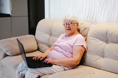 Yetişkin bir kadın iş eğitimini izliyor. Bilgisayarda uzaktan kumandalı bilgisayar kullanıyor ya da evden sosyal mesafe öğreniyor. 60 'ların iş kadını video konferansı Sanal sohbet için arıyor