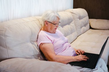 Yetişkin bir kadın iş eğitimini izliyor. Bilgisayarda uzaktan kumandalı bilgisayar kullanıyor ya da evden sosyal mesafe öğreniyor. 60 'ların iş kadını video konferansı Sanal sohbet için arıyor