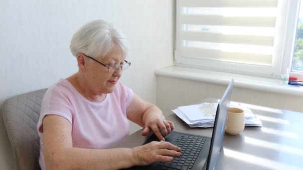 Financial Problems Disappointed Senior Lady Reading Document Working Documents Laptop — Video Stock