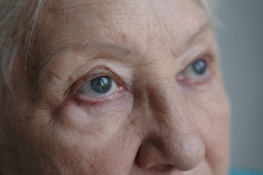 Close up portrait of beautiful older woman smiling and standing by wall with gray eyes.