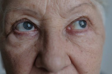 Close up portrait of beautiful older woman smiling and standing by wall with gray eyes.