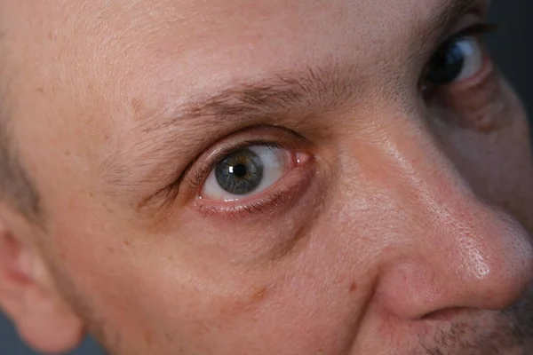 Middle-aged man face fragment, half man face, close up portrait of a middle aged man on grey background, grey eyes close up.