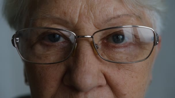 Крупный План Портрета Пожилой Женщины Серым Глазом Смотрящей Камеру Очках — стоковое видео