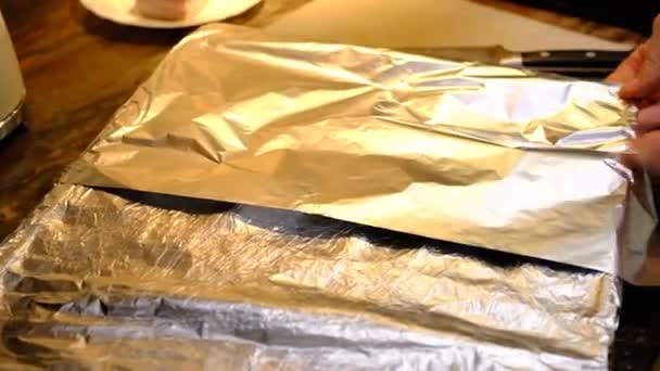 Cubed Potatoes Baking Sheet Covered Aluminum Foil Ready Oven — Stock videók