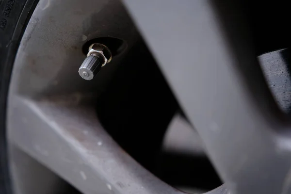 Air Valve Car Tire Close — стоковое фото