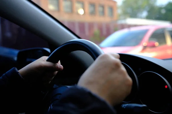 Hand Man Driving Car Selective Focus — Stock Photo, Image