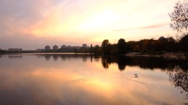 Sonbahar, sarı yapraklar ve gölle parka düşer..