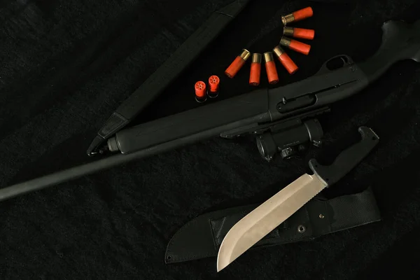 Weapon Black Cloth Knife Rifle Shells Top View Top View — Stock Photo, Image