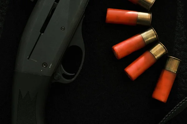 Trigger Rifle Black Background Red Lightning Shotgun Shells Black Surface — Stock Photo, Image