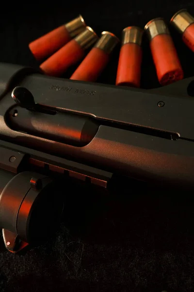 Closeup Shotgun Shutter Hunting Semi Automatic Shotgun Wooden Butt Dark — Stok Foto
