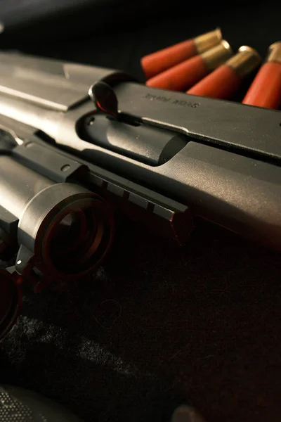 Closeup Shotgun Shutter Hunting Semi Automatic Shotgun Wooden Butt Dark — Stock Fotó