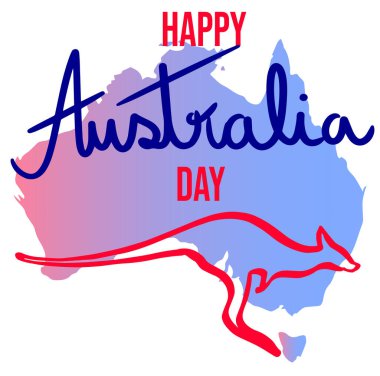 Happy Australia Day lettering. Background Australia map and kangaroo. Vector illustration.