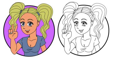 Blonde girl with two pigtails in her hair, she is making the V sign, cartoon for avatar, handmade. vector drawing. vector Blonde girl with two pigtails in her hair, she is making the V sign, cartoon for avatar, handmade. vector drawing. vector