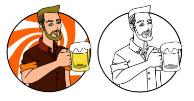 Handsome young blonde man with a big beer glass in his hand inside a circle with white and orange forms. Vector illustration.eps