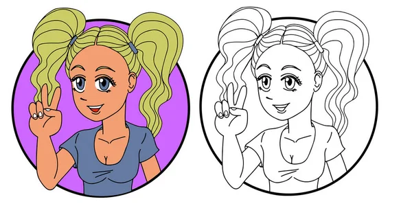 Blonde girl with two pigtails in her hair, she is making the V sign, cartoon for avatar, handmade. vector drawing.