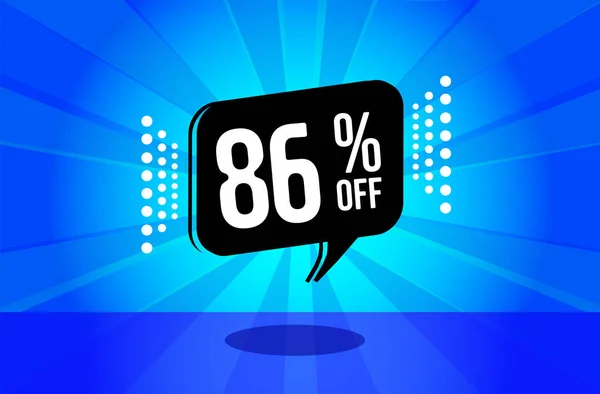 86% off. Blue banner with eighty six percent discount on a black balloon for mega big sales.