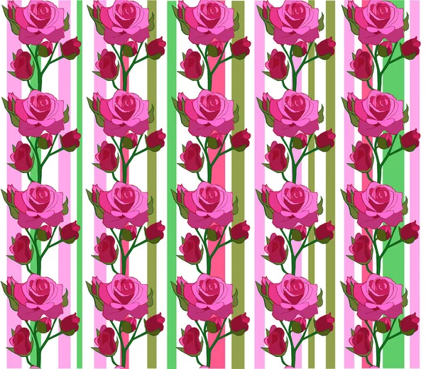 Pattern with pink roses with green and pink striped background for seamless prints. Vector illustration.