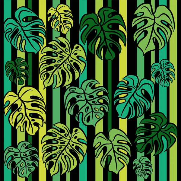 Monsteras Adam Rib Leaves Pattern Various Sizes Green Black Stripes — Archivo Imágenes Vectoriales