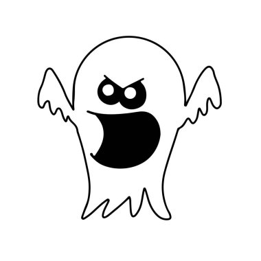 Çizgi film tarzında bir hayalet korkutmaya çalışıyor. Vektör illüstrasyonu beyaz arkaplanda izole edildi.